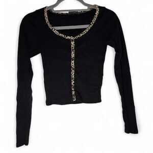 Brandy Melville Black Long Sleeve Top With Cheetah Detail OS
